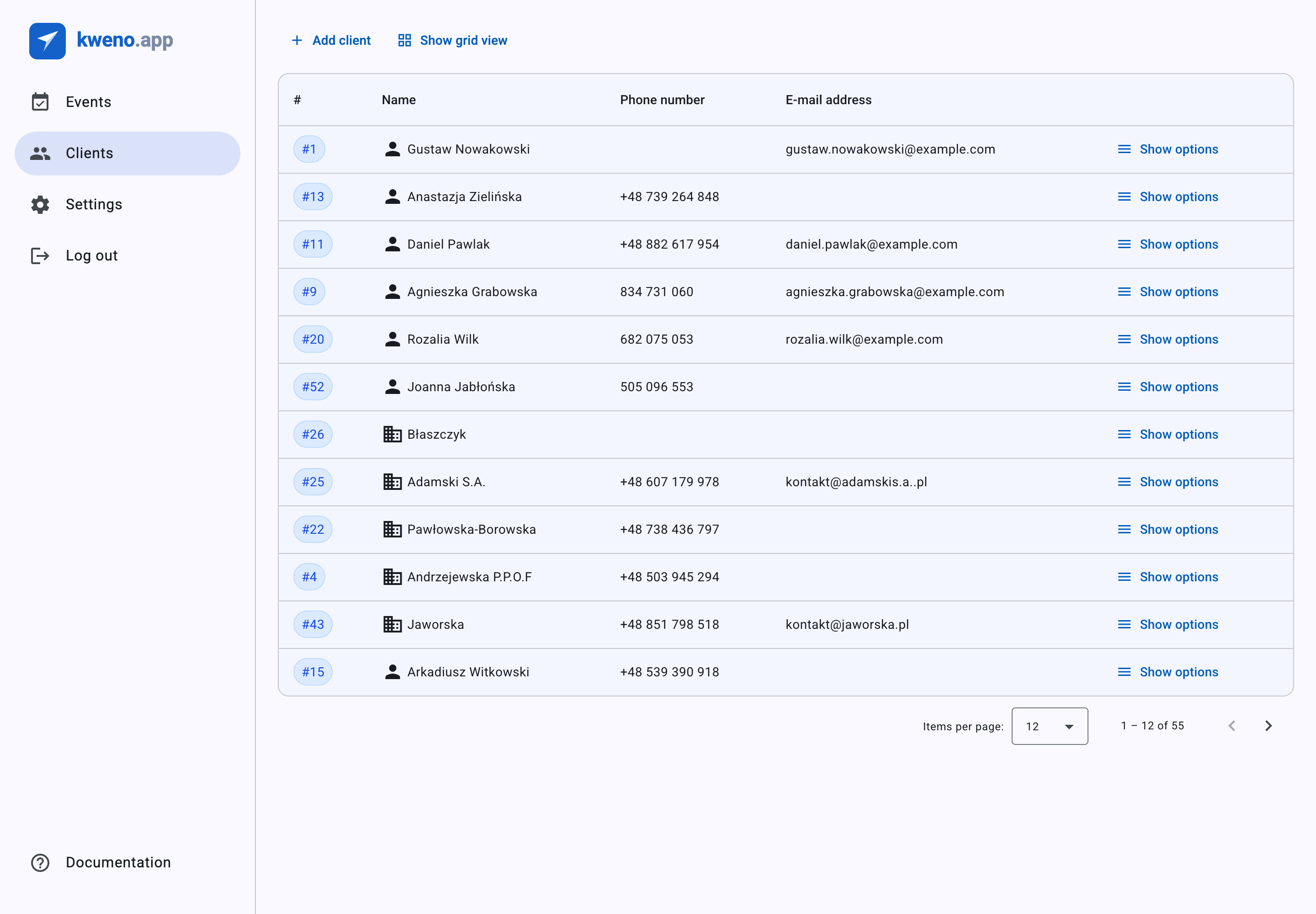 The client list with company and individual clients