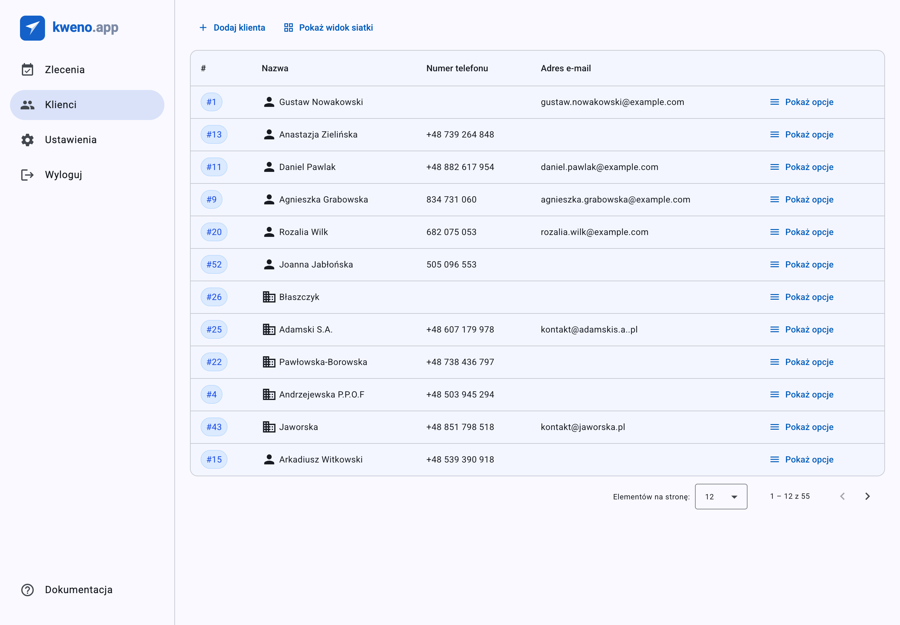 Lista klientów — firmy i osoby fizyczne