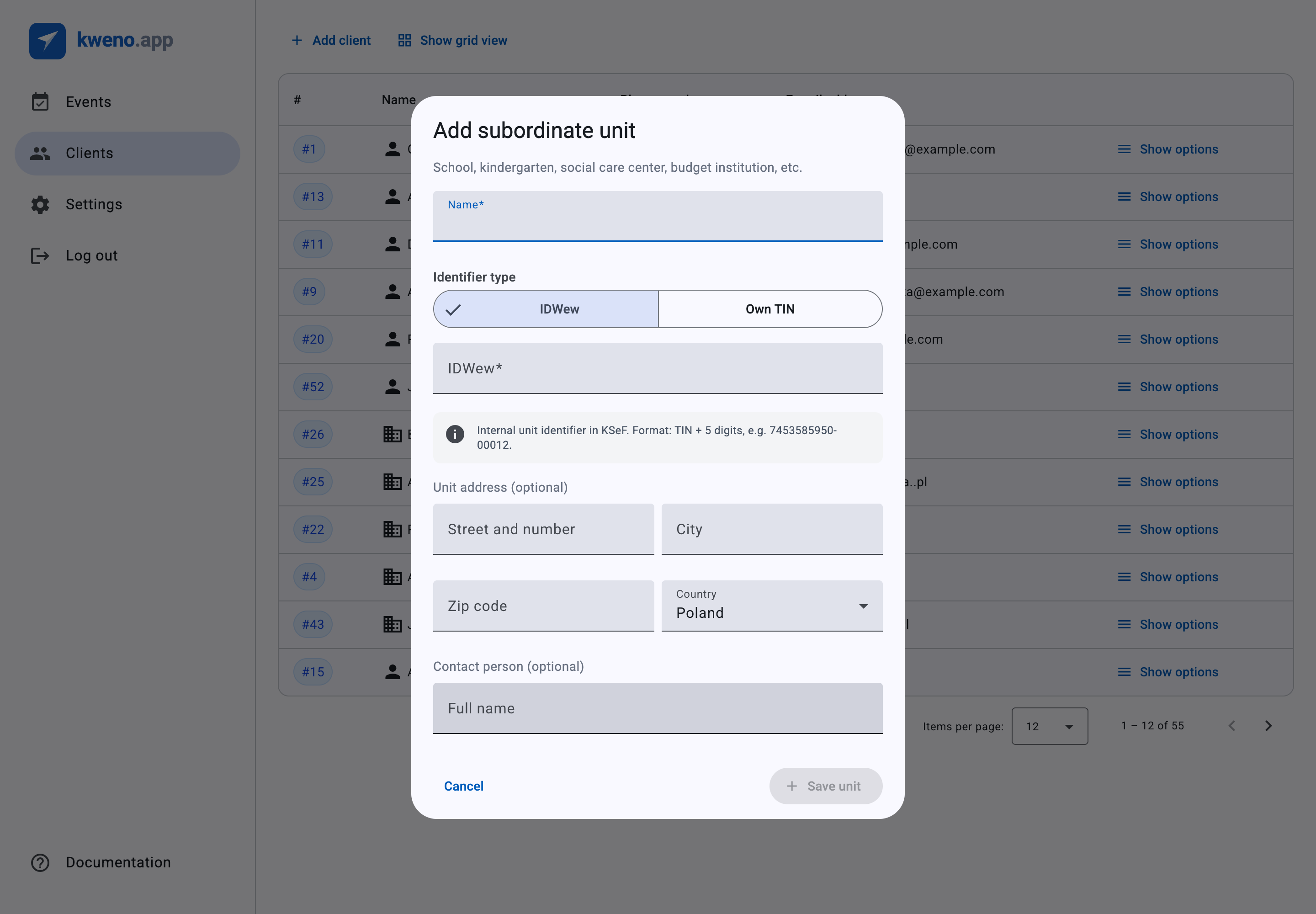 The Add subordinate unit dialog with the IDWew / Own TIN identifier toggle