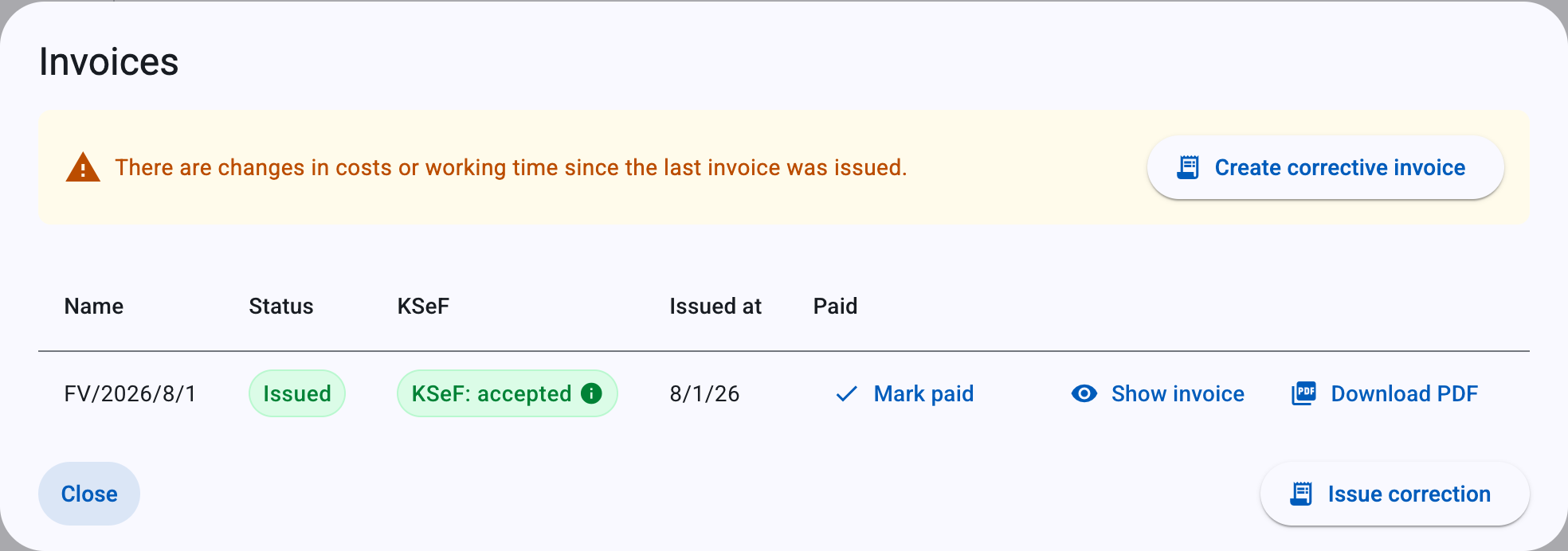 The Invoices dialog with the amber banner and its Create corrective invoice button