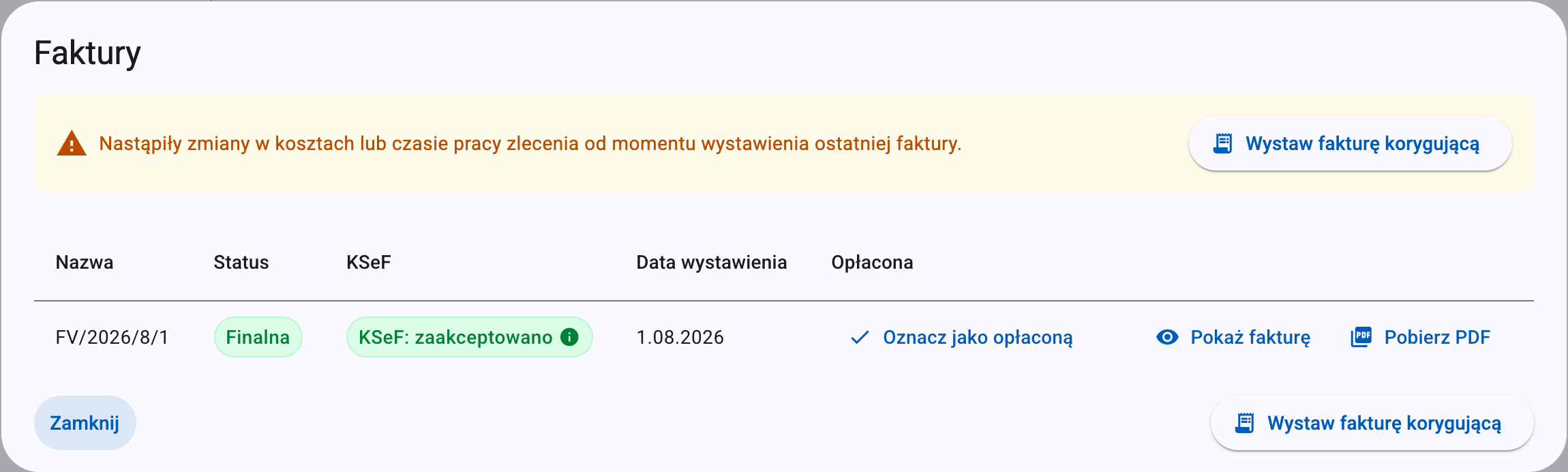 Okno Faktury z bursztynowym banerem i przyciskiem Wystaw fakturę korygującą