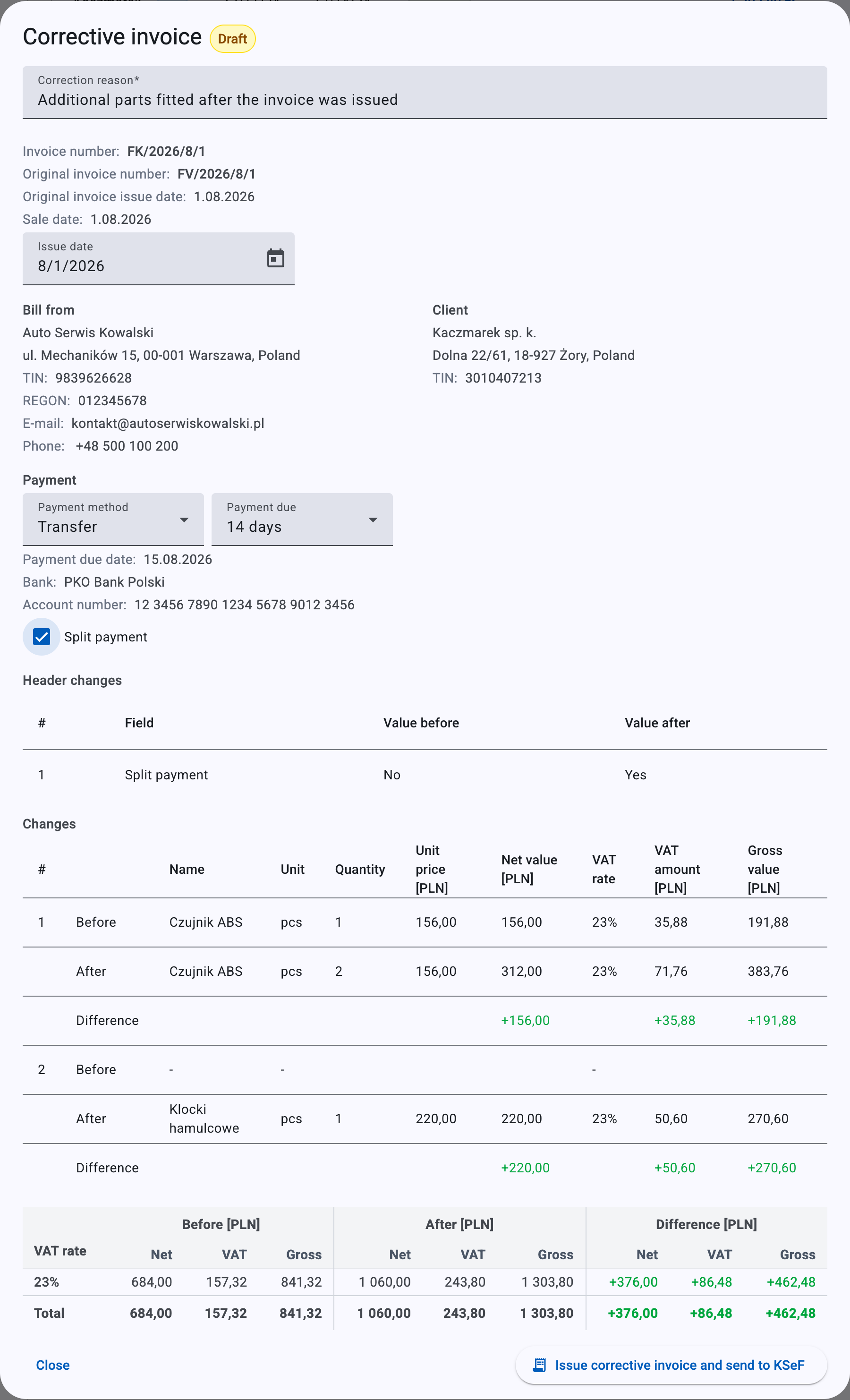 A corrective invoice draft, with the correction reason and the before / after / difference tables