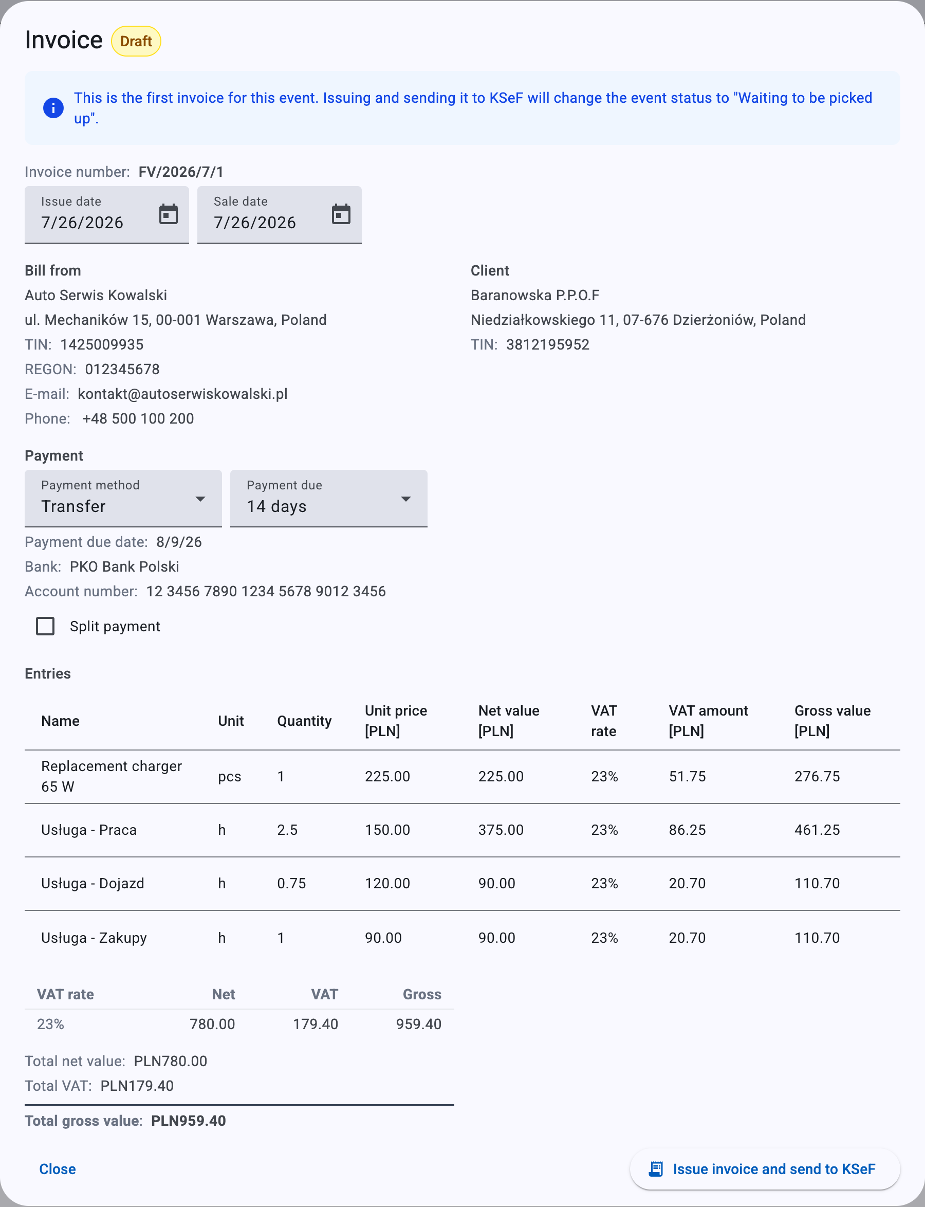 A draft invoice ready to review before issuing to KSeF