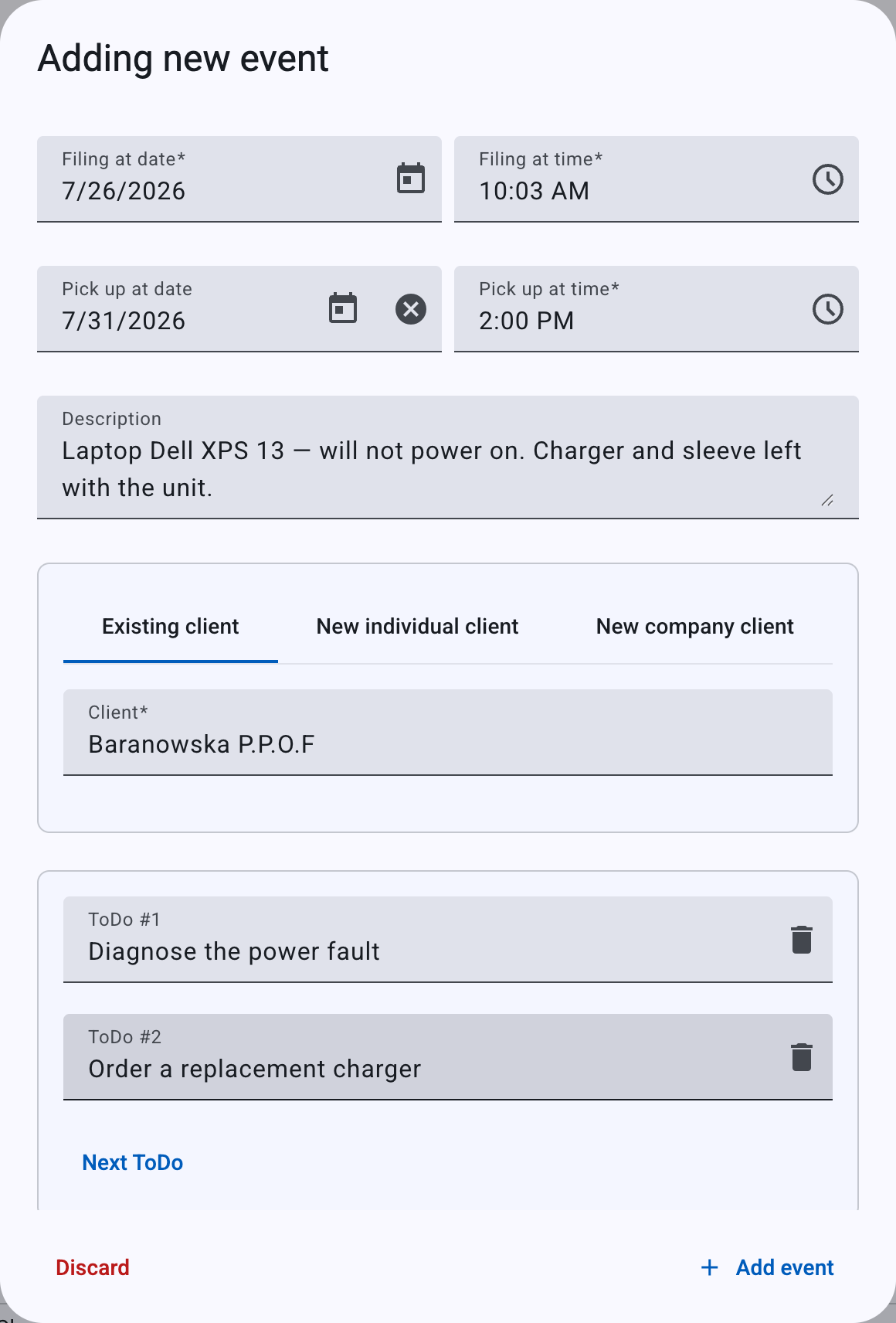 The Adding new event dialog — dates, client, description and to-dos
