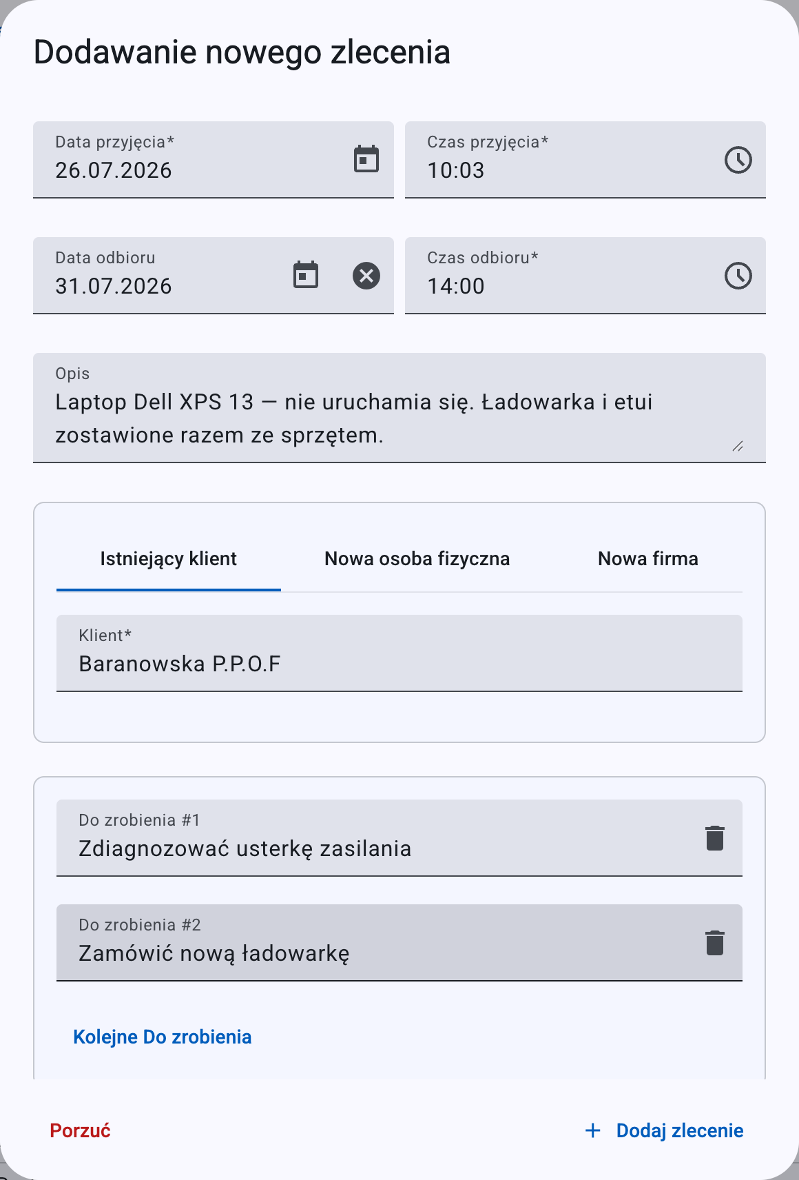 Okno Dodawanie nowego zlecenia — daty, klient, opis i pozycje do zrobienia