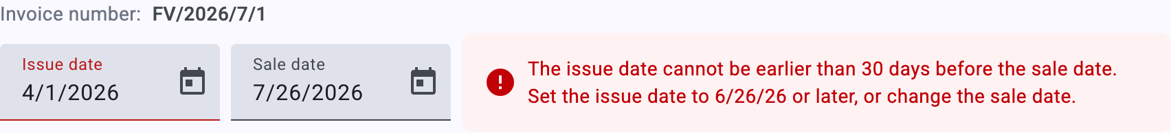 The issue date validation box on a draft invoice