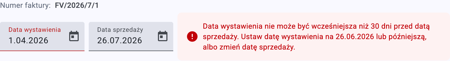Pole walidacji daty wystawienia w wersji roboczej faktury