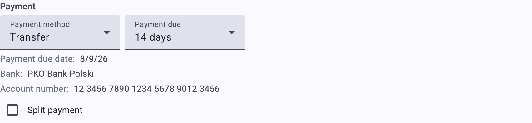 The Payment section for a bank transfer — due days, bank details and the split payment checkbox