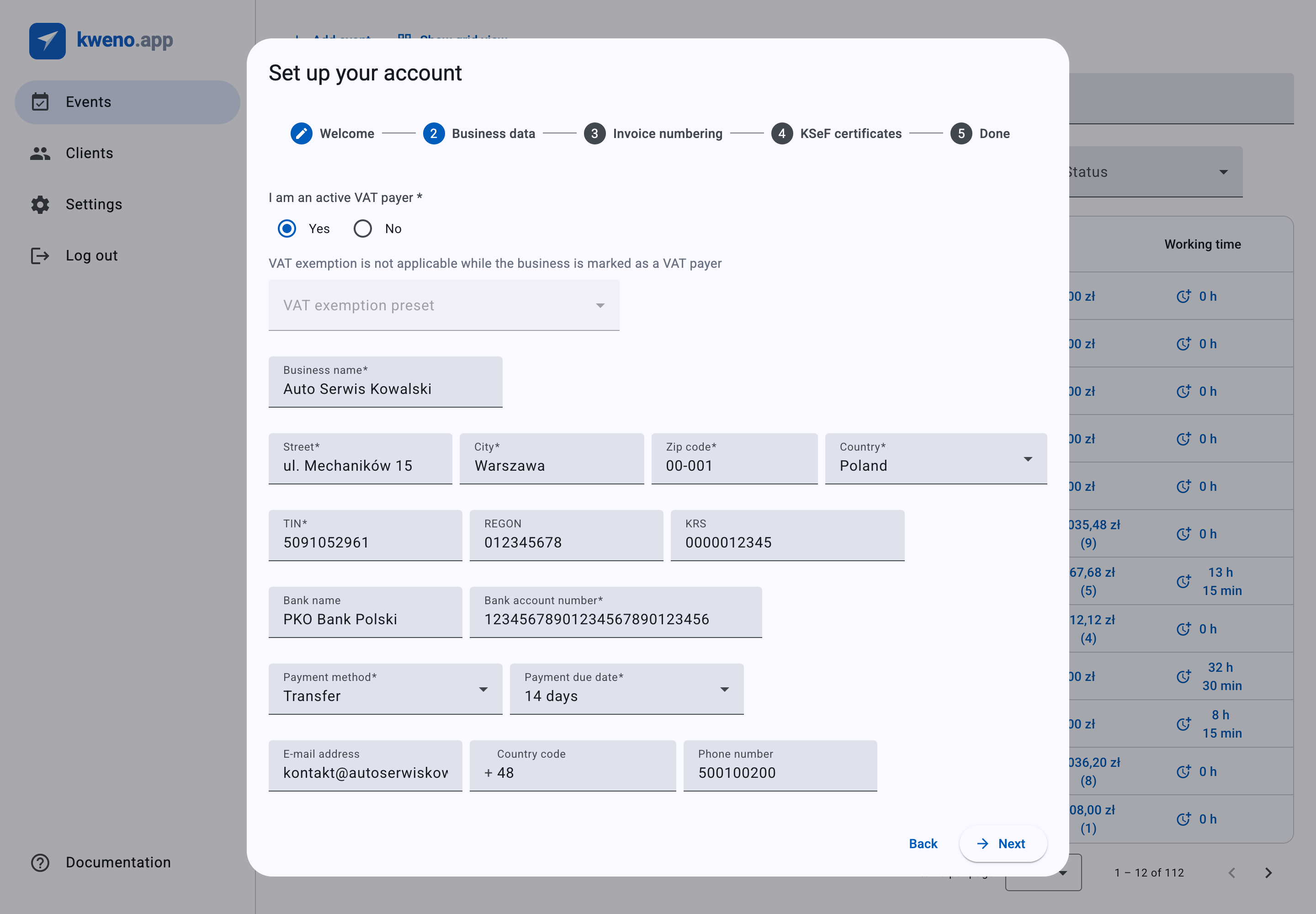 The Business data step of the setup wizard