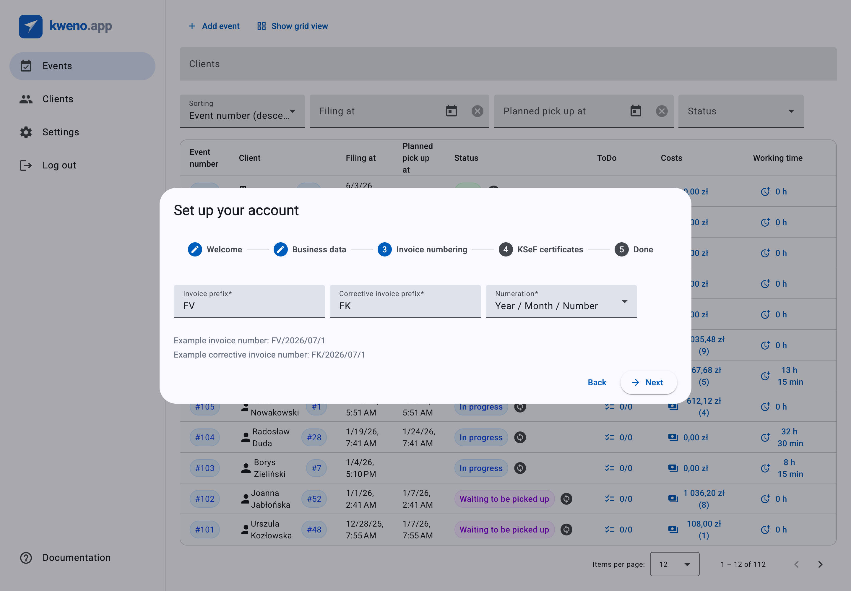 The Invoice numbering step of the setup wizard