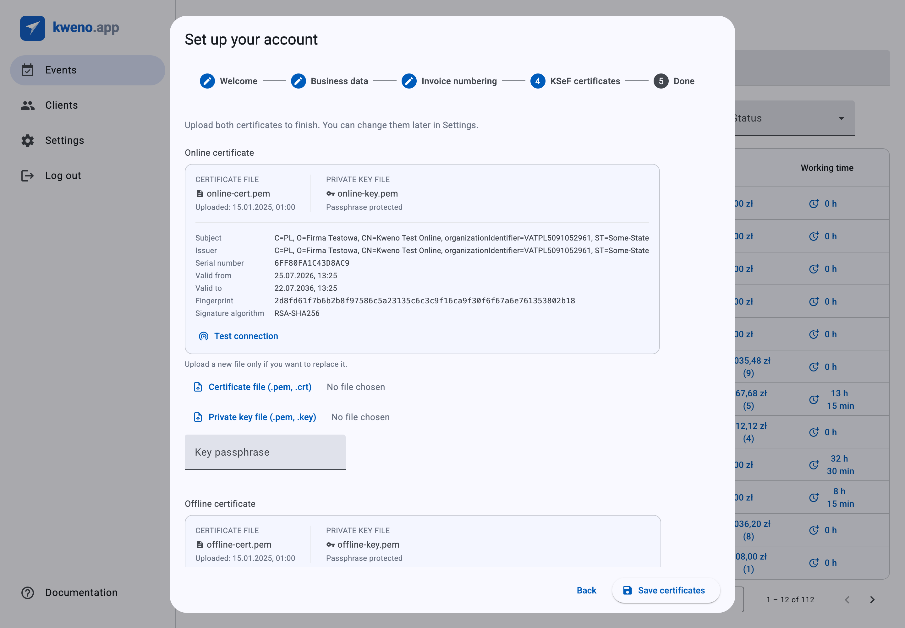 The KSeF certificates step of the setup wizard