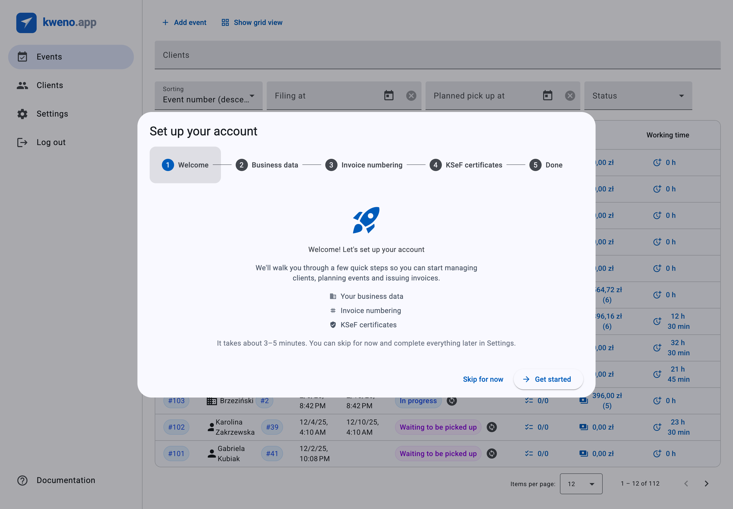 The kweno.app account setup wizard