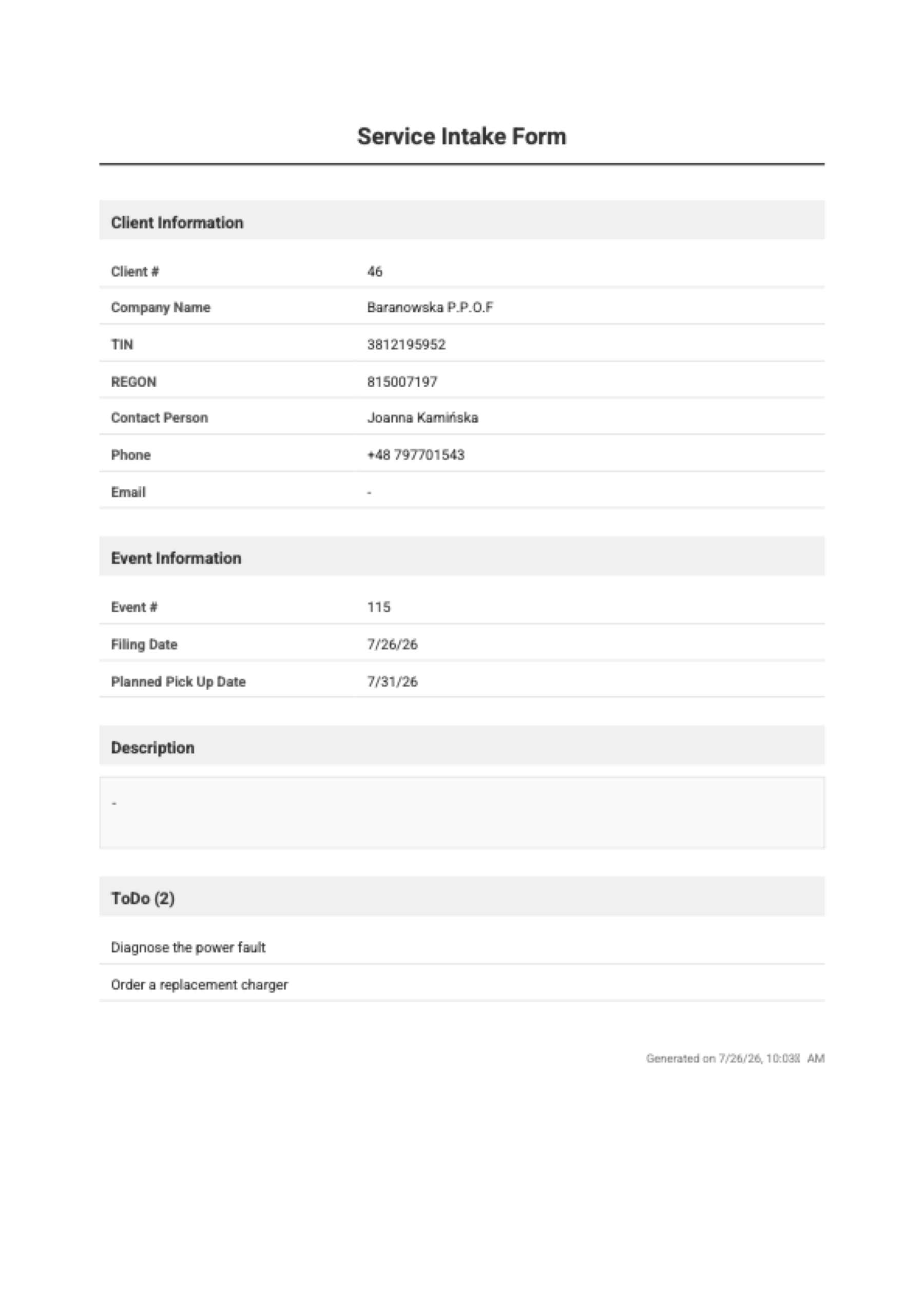 The generated service intake form PDF