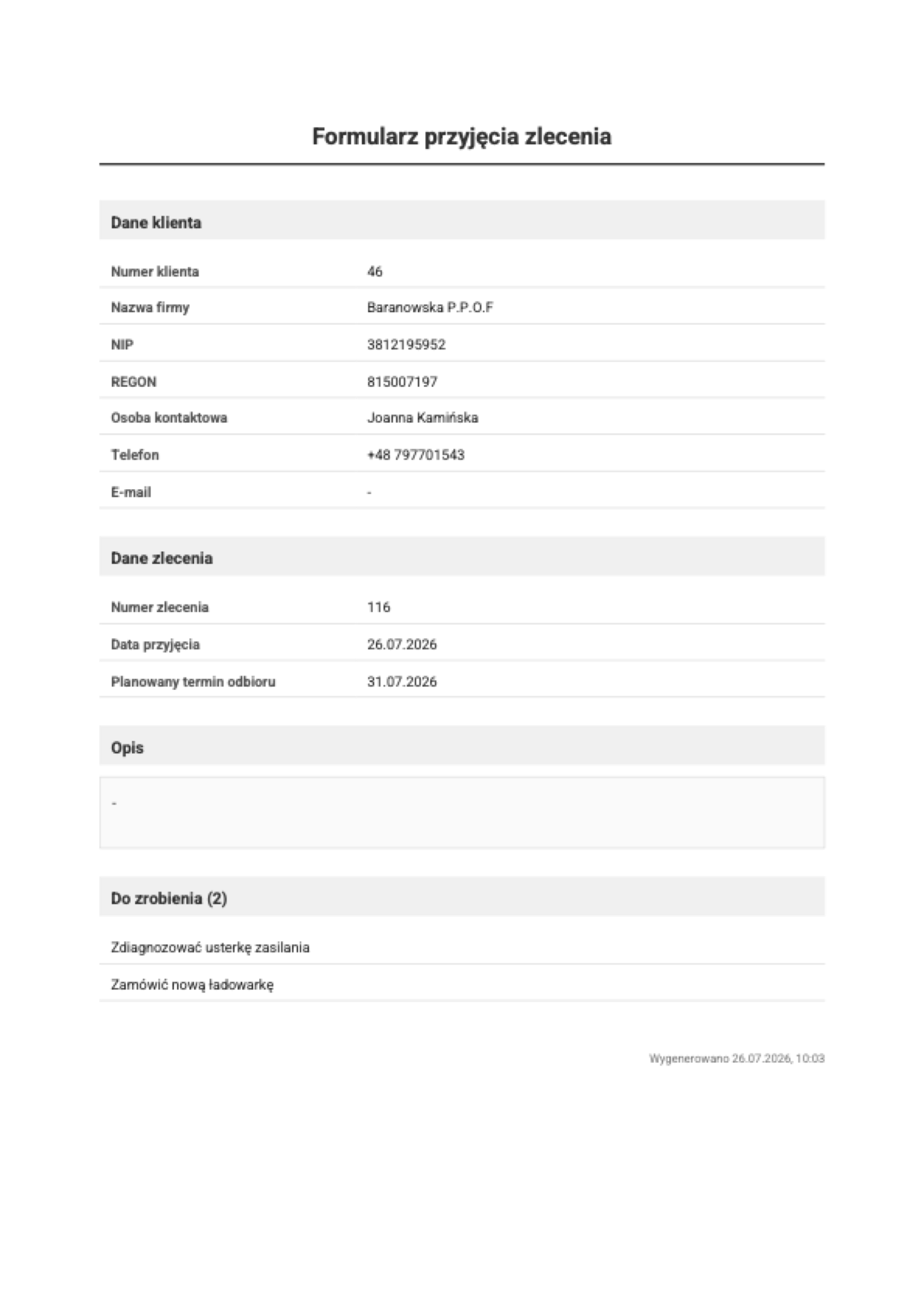 Wygenerowana karta przyjęcia zlecenia w formacie PDF
