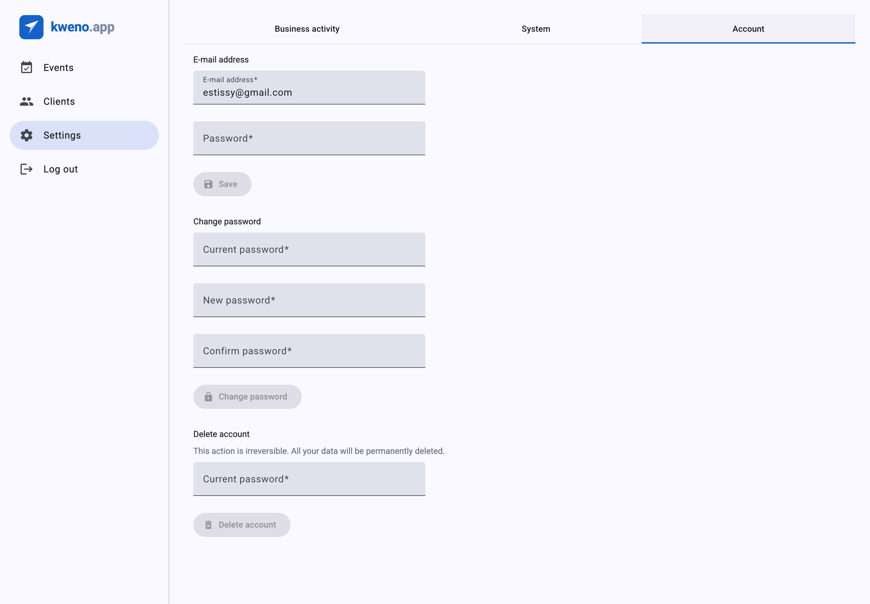 Account settings — e-mail, password and account deletion