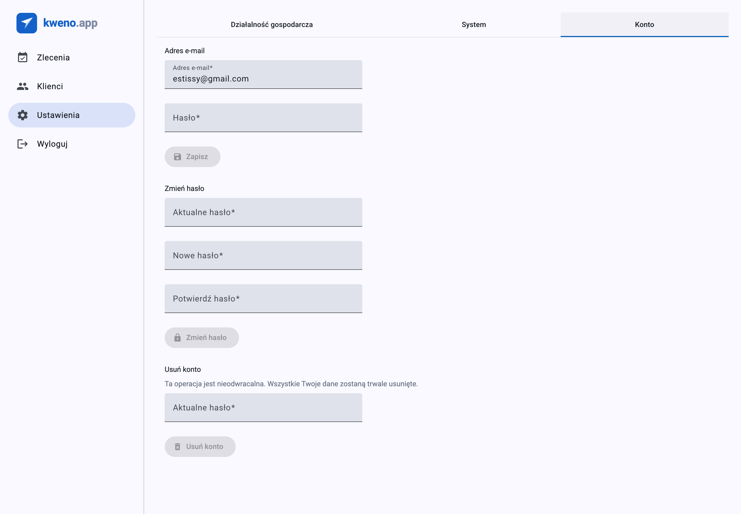 Ustawienia konta — e-mail, hasło i usunięcie konta