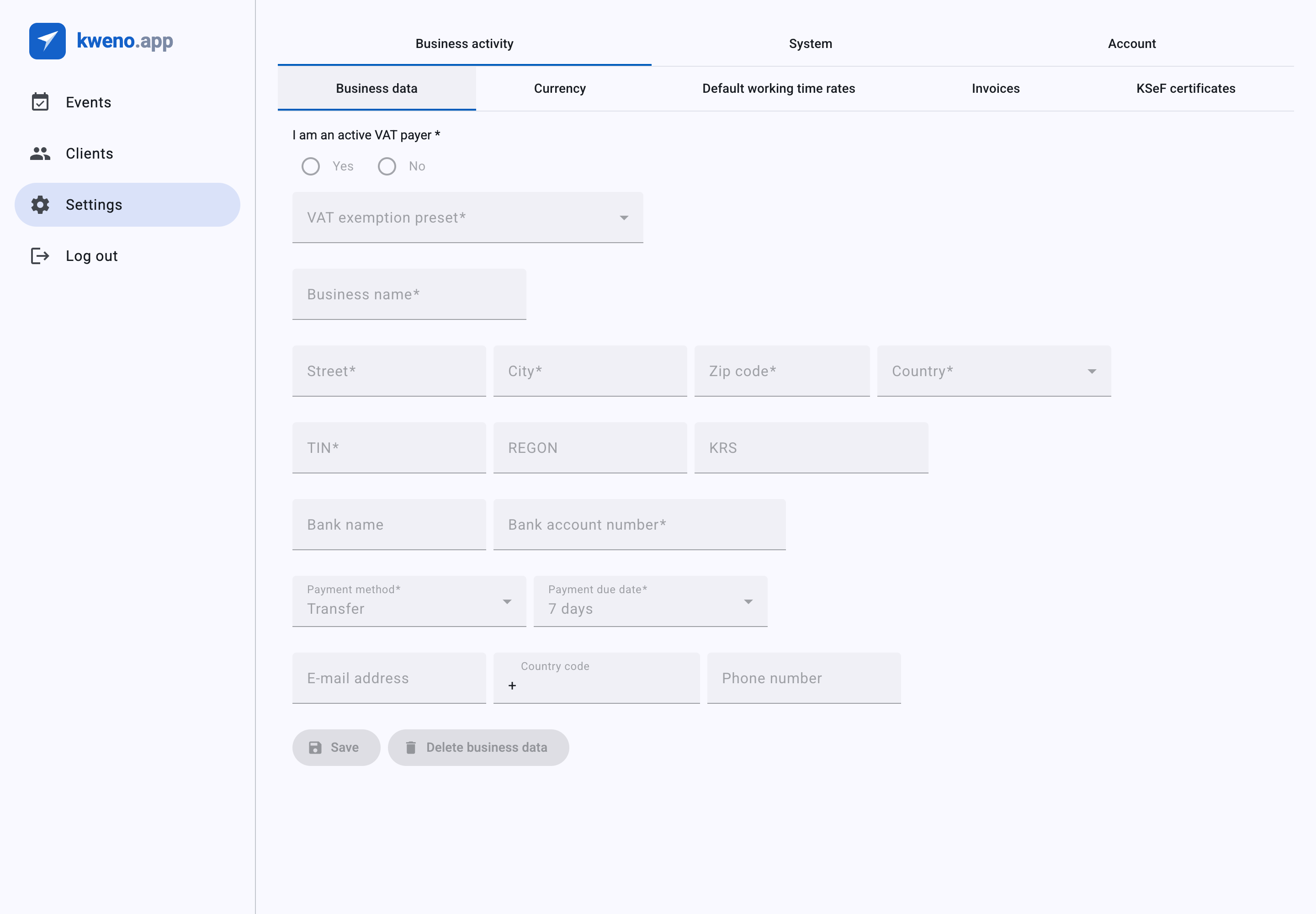 The Business data form in Settings