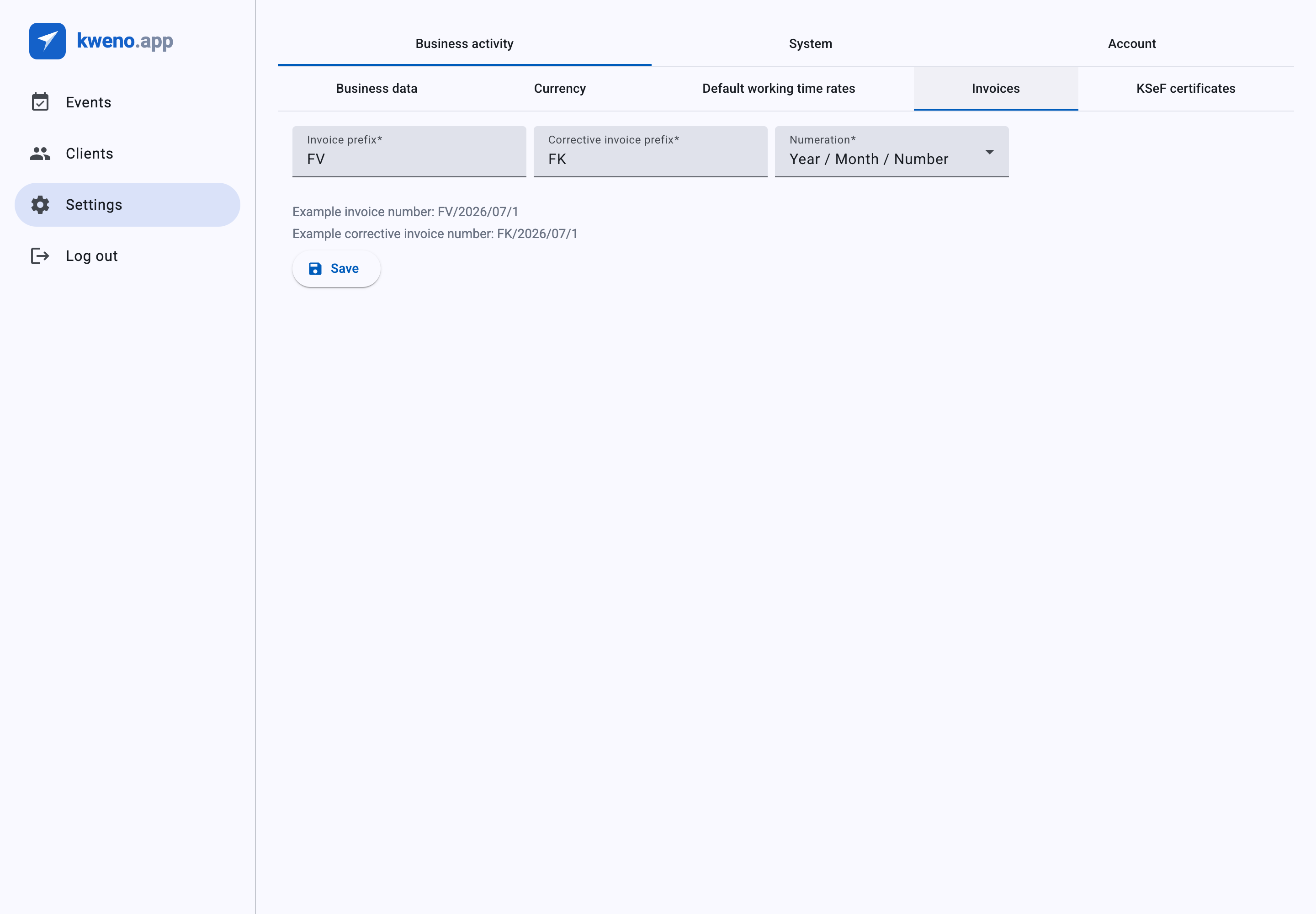 Invoice numbering and prefixes in Settings