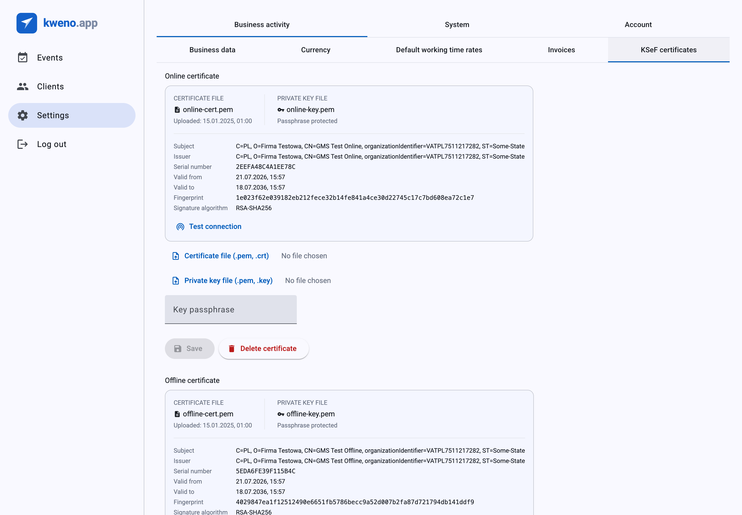 The KSeF certificates settings