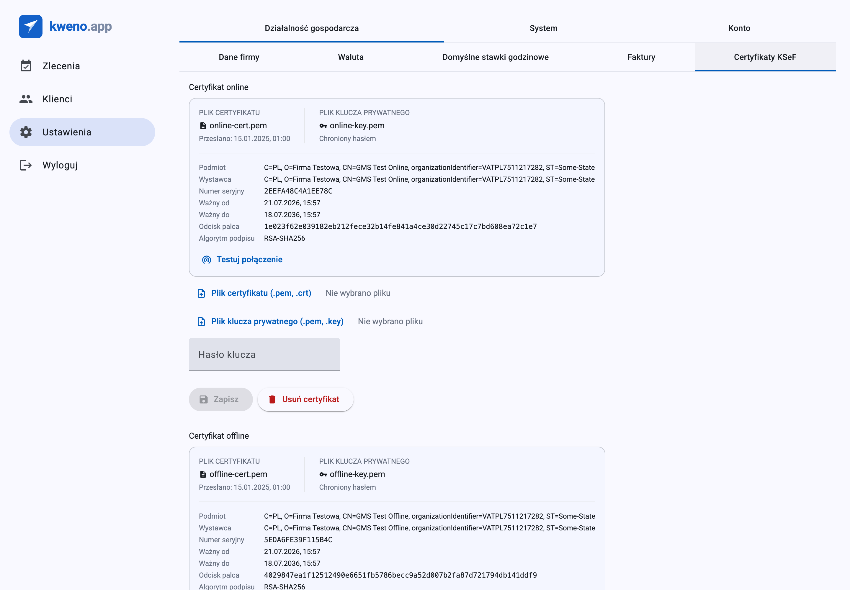 Ustawienia certyfikatów KSeF