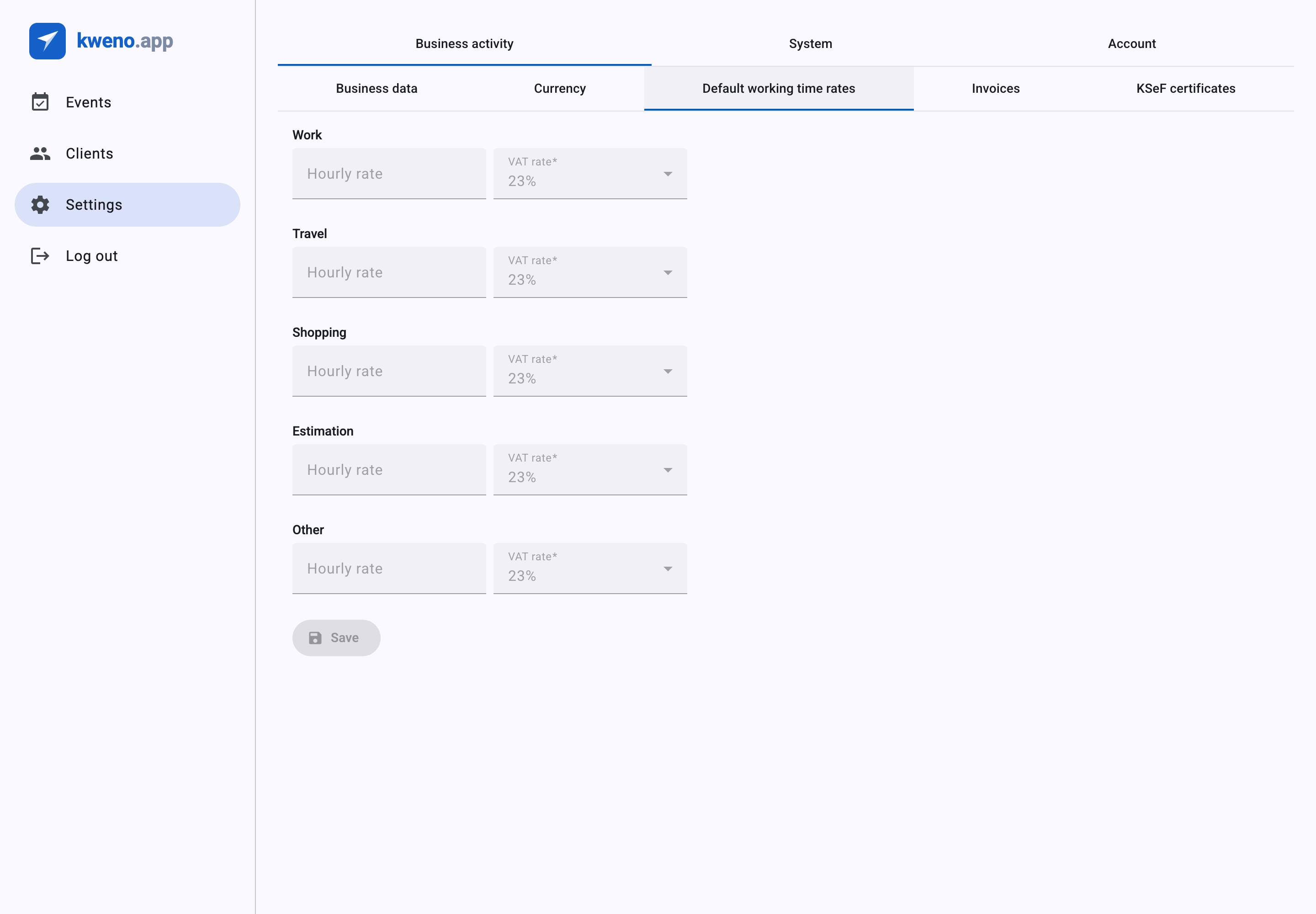 The Default working time rates tab — one hourly rate and VAT rate per type