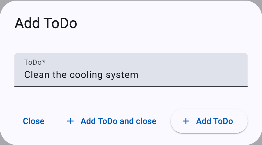 The Add ToDo dialog — a single text field and three buttons