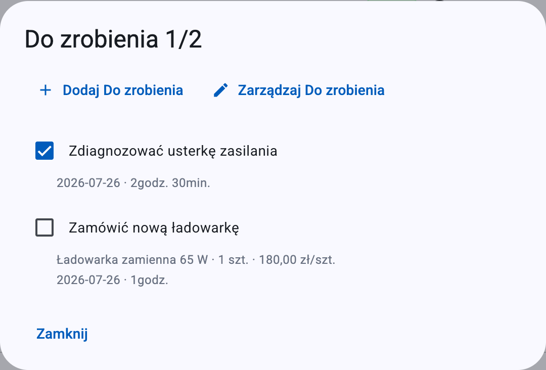 Widok Do zrobienia — lista kontrolna z licznikiem wykonanych oraz powiązanymi kosztami i czasem pracy