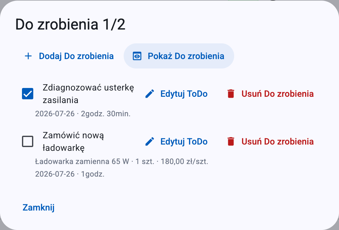 Tryb zarządzania — przy każdym wierszu pojawiają się przyciski Edytuj ToDo i Usuń Do zrobienia