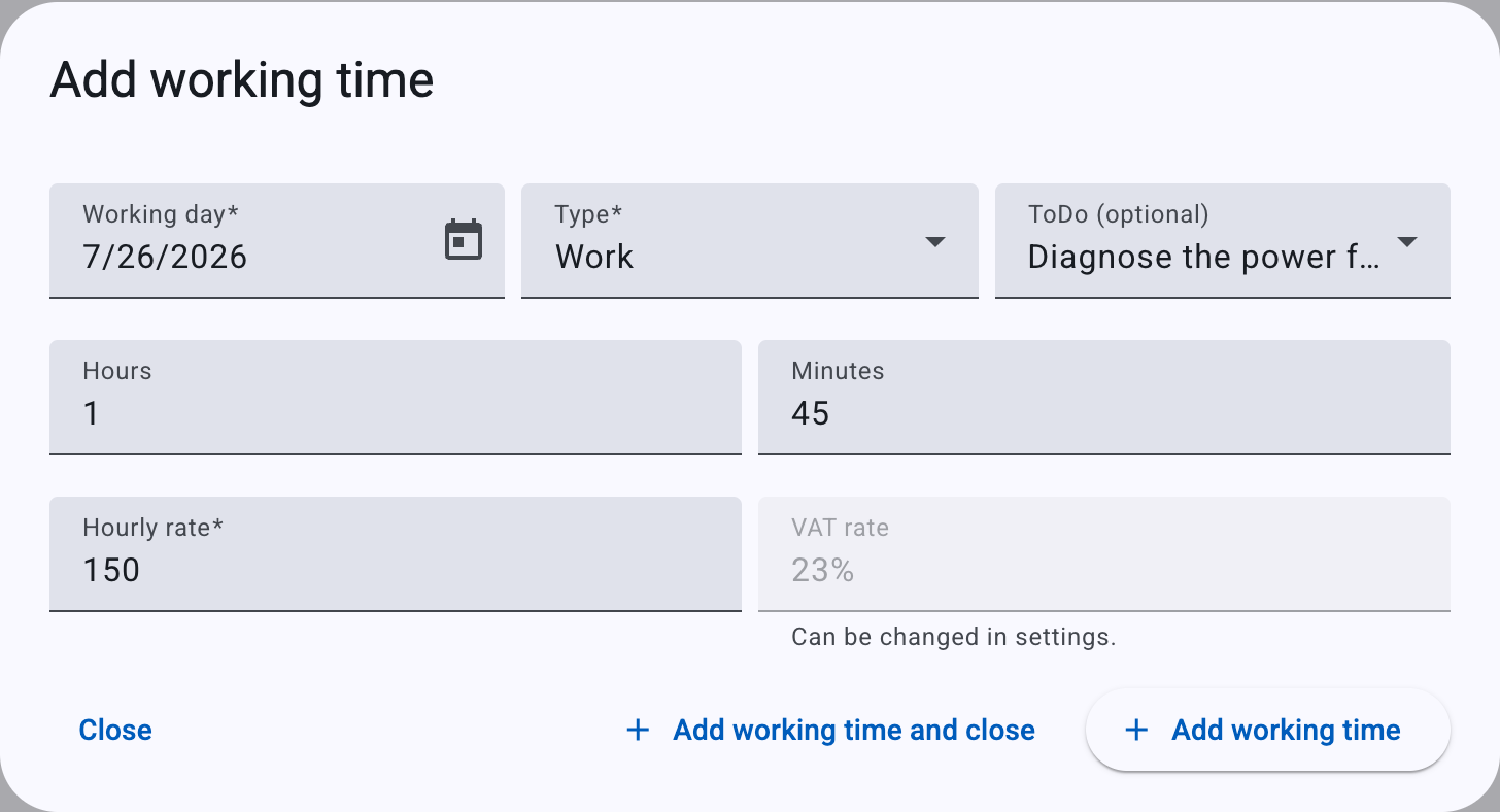 The Add working time dialog — working day, type, linked to-do, duration and hourly rate