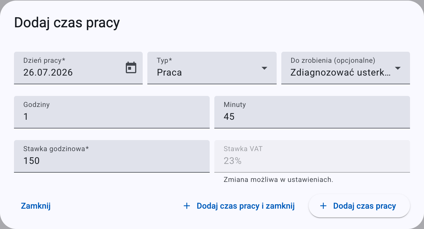 Okno Dodaj czas pracy — dzień pracy, typ, powiązana pozycja do zrobienia, czas trwania i stawka godzinowa