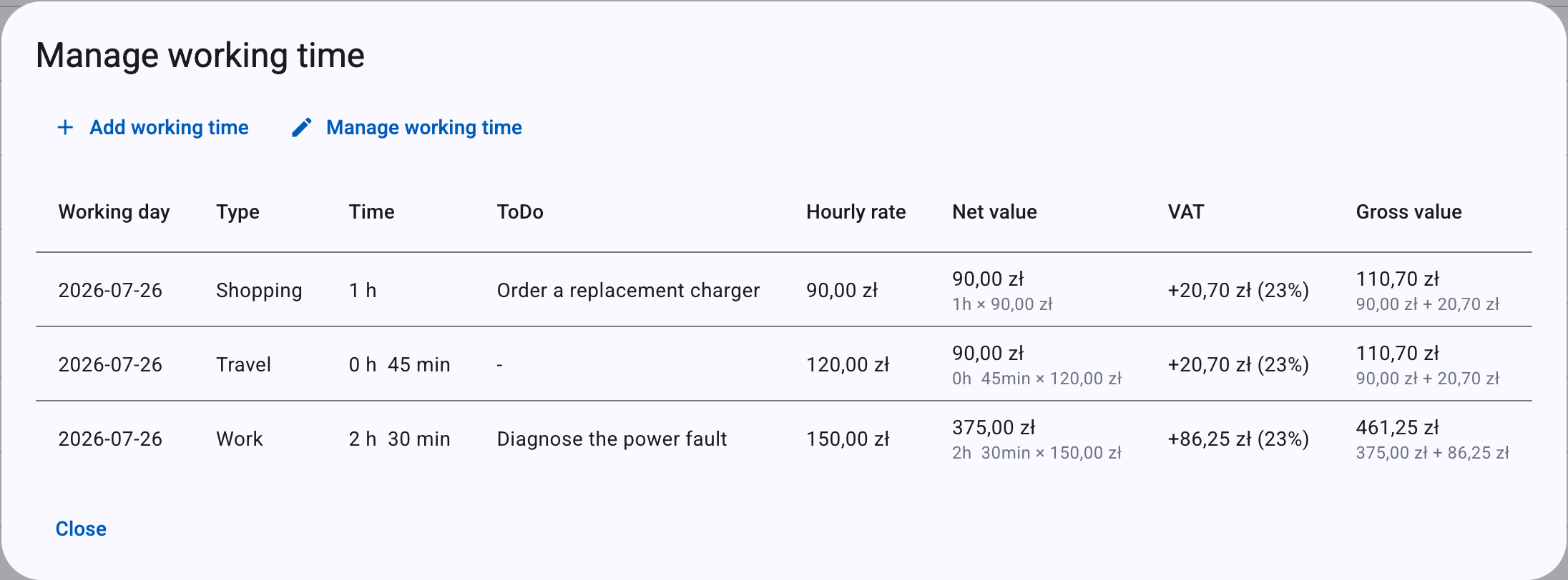 Manage working time on an event — entries by type, with time, rate and value